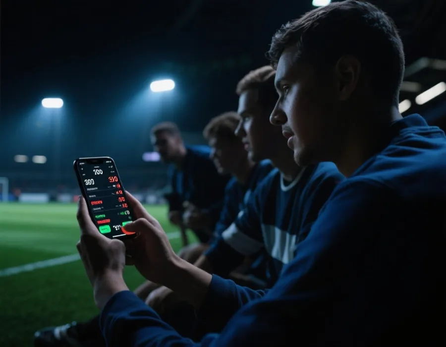 球迷以手機查看世界盃比分更新示意圖