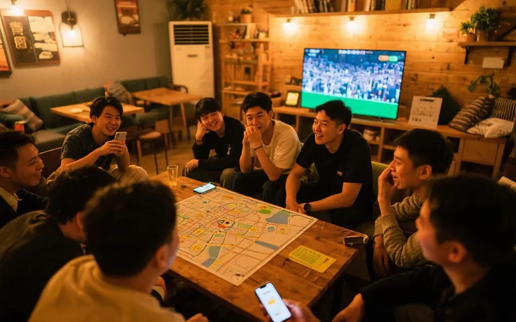 青旅公共区里球迷围坐看球，桌上有地图与手机群聊，氛围温暖
