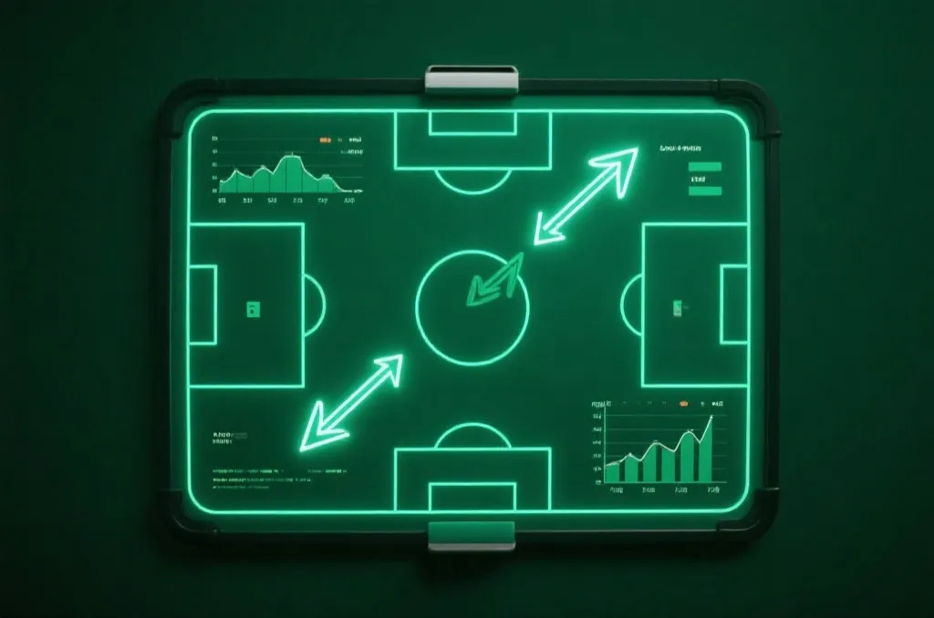 Abstract soccer tactical board with arrows and statistical graphs
